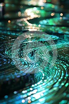 Digital Data Flow in Abstract Pattern with Green and Blue Colors