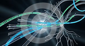 Digital Data Flow Binary Code on Fiber Optics Cables, Abstract Technology Background