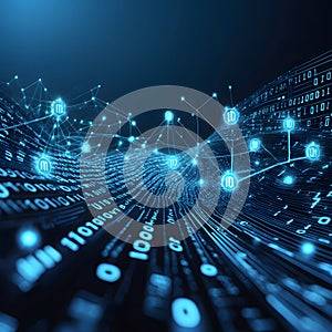 Digital Data Flow with Binary Code and Glowing Network Grid on Dark Blue Background