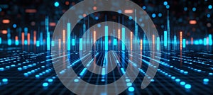 Digital Data Flow in Blue and Orange on Grid Network, Technology and Data Connection Background