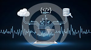 Digital data flow from cloud to database via laptop and network cloud computing