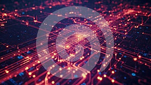 Digital Data Flow Glowing Red Circuit Board Network