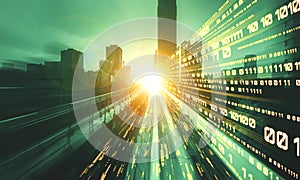 Digital data flow on road with motion blur to create vision of fast speed transfer