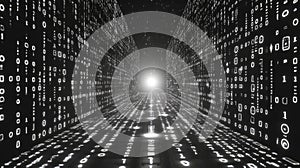 Digital data flowing through abstract binary code tunnel