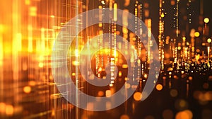 Digital data flowing through abstract golden matrix grid