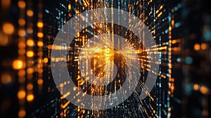 Digital data flowing through abstract futuristic network grid