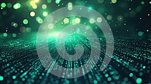 Digital data flowing across a glowing particle network surface