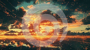 Digital data flowing across sunset sky and clouds