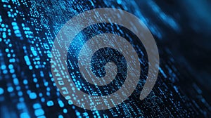 Digital data flowing on a blue glowing binary code surface