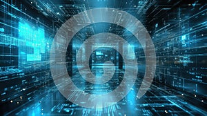 Digital data flowing through futuristic circuit network corridor