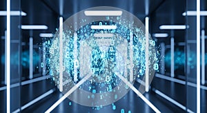 Digital Data Flowing Through Futuristic Corridor, Binary Code