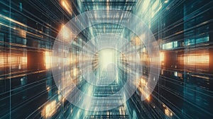 Digital data flowing through a futuristic network tunnel