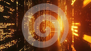 Digital data flowing through futuristic server corridor