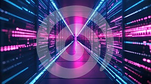 Digital data flowing inside server rack tunnel