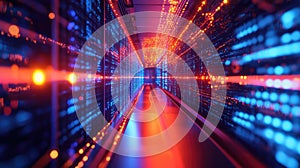 Digital data flowing through interconnected server room corridor