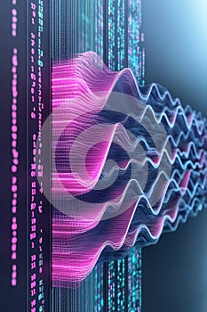 Digital Data Flowing Neural Networks Processing Pink And Blue Wavy Lines With Binary Code Streams On Dark Surface