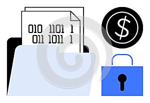 Digital Data Folder with Binary Code, Security Lock, and Financial Symbol for Cybersecurity Themes