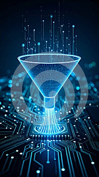 Digital data funnel processing information on circuit board background