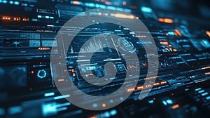 Digital data interface displaying charts and information analysis