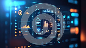 Digital data interface displaying cloud computing and analytics