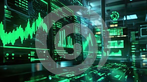 Digital data interface displaying financial graphs and code