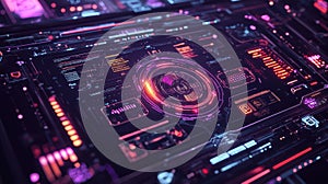 Digital data interface displaying futuristic technology and analysis