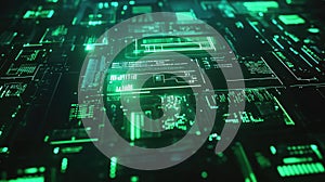 Digital data interface displaying holographic computer code on screen