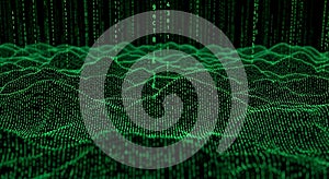 Digital Data Landscape Green Binary Code Waves and Falling Code Particles