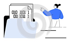 Digital Data Management and Binary Code Concept with Person and File Folder Icon