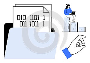 Digital Data Management with Binary Code, File Storage, and Analytics Visualization Concept