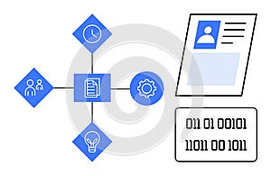 Digital Data Management System with Icons Workflow and Binary Code Integration