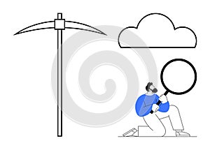 Digital Data Mining Concept with Magnifying Glass, Cloud, and Pickaxe