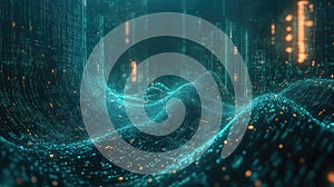 Digital data moving through abstract network landscape