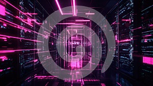 Digital data moving through server room network corridor