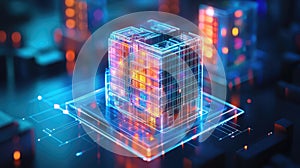 Digital data network connecting futuristic server buildings