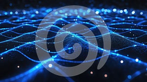 Digital data network connecting waves and glowing particles