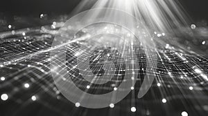 Digital data network connecting waves with glowing particles