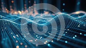 Digital data network connecting waves showing glowing particles