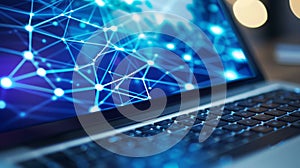 Digital data and network connection displayed on a laptop screen, Ai Generated