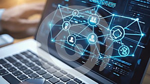 Digital data and network connection displayed on a laptop screen, Ai Generated