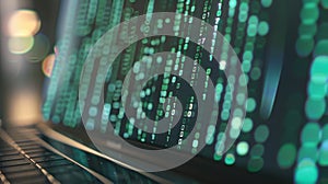Digital data and network connection displayed on a laptop screen, Ai Generated