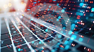 Digital data and network connection displayed on a laptop screen, Ai Generated