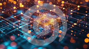 Digital data network connection glowing within a futuristic cube