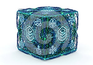 Digital data network cube featuring abstract technology icons 3d