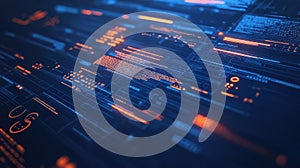 Digital data network displaying futuristic code and analytics