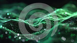 Digital data network displaying futuristic green wave particles