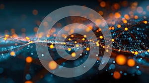 Digital data network with glowing light points and binary code visualization