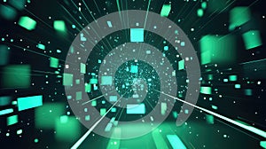 Digital data network moving through abstract cyberspace tunnel