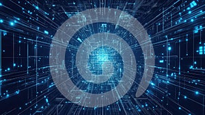 Digital data network moving through cyberspace tunnel