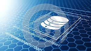 Digital Data Network Technology Background. Futuristic Server Icon, Blue Hexagonal Grid, Binary Code Pattern, IT Storage Concept.